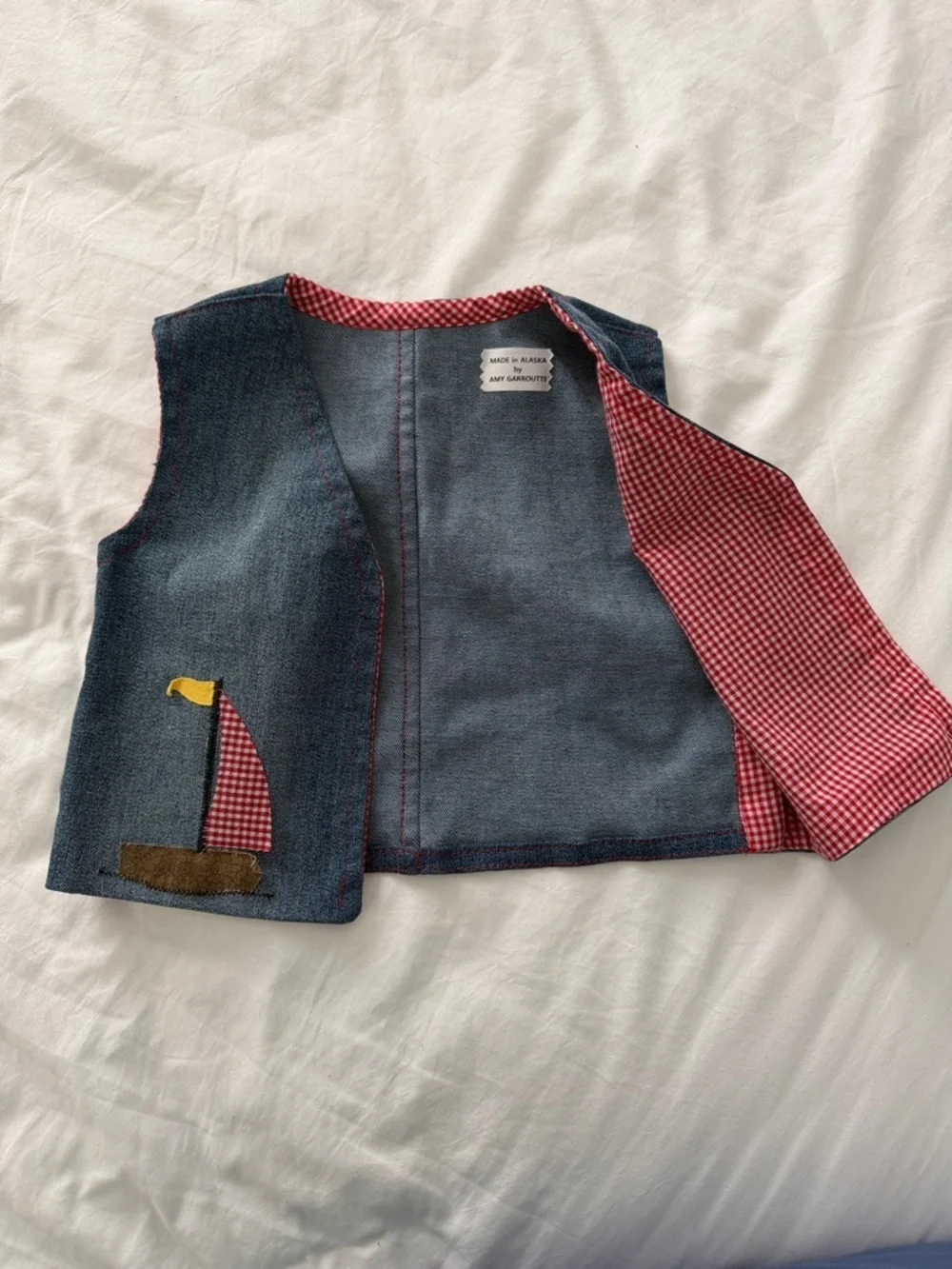 Kids Reversible Denim Vest with Red Gingham Sailboat baby 6 months